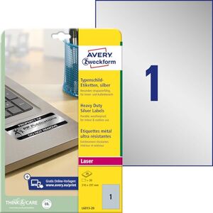 Avery Zweckform L6013-20 Typový štítek Fóliové etikety (20 nálepek, 210 x 297 mm na A4, silně samolepicí, odolné, odolné proti povětrnostním vlivům, potištěná lepicí fólie, prázdná) 20 listů, stříbrná Avery Zweckform L6013-20 Typový štítek Fóliové etikety (20 nálepek, 210 x 297 mm na A4, silně samolepicí, odolné, odolné proti povětrnostním vlivům, potištěná lepicí fólie, prázdná) 20 listů, stříbrná
