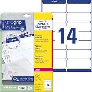 Avery L7163-40 Adressetiketten/Adressaufkleber (560 Etiketten mit ultragrip, 99,1x38,1mm auf A4, bedruckbar, selbstklebend, für DIN lang Briefkuverts, Papier matt) 40 Blatt, weiß Avery L7163-40 Adressetiketten/Adressaufkleber (560 Etiketten mit ultragrip, 99,1x38,1mm auf A4, bedruckbar, selbstklebend, für DIN lang Briefkuverts, Papier matt) 40 Blatt, weiß