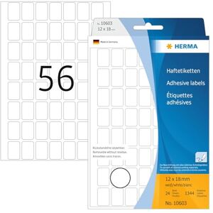 Herma 10603 víceúčelové etikety odstranitelné, 1344 kusů, 12 x 18 mm, 56 na arch, samolepicí, štítky pro domácnost k popisování, matné, prázdné papírové lepicí etikety, bílé Herma 10603 víceúčelové etikety odstranitelné, 1344 kusů, 12 x 18 mm, 56 na arch, samolepicí, štítky pro domácnost k popisování, matné, prázdné papírové lepicí etikety, bílé