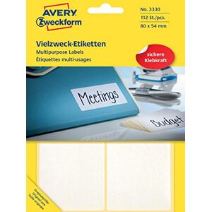 Avery 3330 samolepicích etiket do domácnosti 112 kusů (80 x 54 mm, 28 archů se 4 nálepkami, víceúčelové etikety pro domácnost, školy a kancelář pro popisování a označení) čisté, bílé Avery 3330 samolepicích etiket do domácnosti 112 kusů (80 x 54 mm, 28 archů se 4 nálepkami, víceúčelové etikety pro domácnost, školy a kancelář pro popisování a označení) čisté, bílé