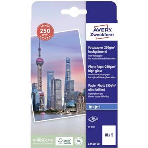 Avery Art. C2550-50 Premium Inkjet Fotopapier (50 Blatt, 250 g/m², 10x15cm, hochglänzende Fotokarten, einseitig beschichtet, sofort trocken & wischfest, Fotoblätter für Inkjet-Drucker) weiß Avery Art. C2550-50 Premium Inkjet Fotopapier (50 Blatt, 250 g/m², 10x15cm, hochglänzende Fotokarten, einseitig beschichtet, sofort trocken & wischfest, Fotoblätter für Inkjet-Drucker) weiß