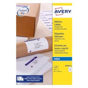 Avery J8160-25 štítky na adresu/adresní štítky (525 etikety, 63,5 x 38,1 mm na A4, lze potisknout, samolepicí, pro dopisní obálky DIN B6/C6, papír matný, inkoustová tiskárna) 25 listů, bílé Avery J8160-25 štítky na adresu/adresní štítky (525 etikety, 63,5 x 38,1 mm na A4, lze potisknout, samolepicí, pro dopisní obálky DIN B6/C6, papír matný, inkoustová tiskárna) 25 listů, bílé
