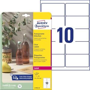 Avery L7783-25 transparentních etiket (250 lepicích štítků, 96 x 50,8 mm na A4, samolepicí, nálepky k potisku, odolné proti povětrnostním vlivům, popisy/nálepky produktů) 25 listů, průhledné Avery L7783-25 transparentních etiket (250 lepicích štítků, 96 x 50,8 mm na A4, samolepicí, nálepky k potisku, odolné proti povětrnostním vlivům, popisy/nálepky produktů) 25 listů, průhledné
