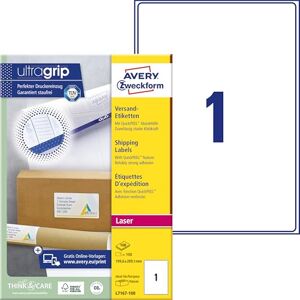 Avery L7167-100 etikety pro zasílání/zásilkové nálepky (100 etiket s ultragripem, 199,6 x 289,1 mm na A4, potiskovatelné, pro velké balíky, balení a přepravní role) 100 listů, bílá (neprůhledná) Avery L7167-100 etikety pro zasílání/zásilkové nálepky (100 etiket s ultragripem, 199,6 x 289,1 mm na A4, potiskovatelné, pro velké balíky, balení a přepravní role) 100 listů, bílá (neprůhledná)