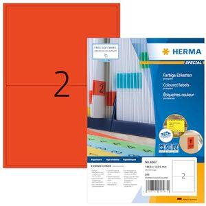 Herma 4567 Barevné etikety červené, 100 listů, 199,6 x 143,5 mm, 2 pro arch A4, 200 kusů, samolepicí, potištěné, matné, prázdné papírové barevné štítky Herma 4567 Barevné etikety červené, 100 listů, 199,6 x 143,5 mm, 2 pro arch A4, 200 kusů, samolepicí, potištěné, matné, prázdné papírové barevné štítky