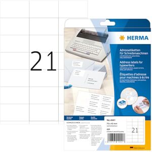 Herma 4441 adresní štítky pro psací stroje, 20 listů, 70 x 42 mm, 21 archů A4, 420 kusů, samolepicí, s možností potisku, matné, prázdné papír, lepicí etikety na adresu, bílé Herma 4441 adresní štítky pro psací stroje, 20 listů, 70 x 42 mm, 21 archů A4, 420 kusů, samolepicí, s možností potisku, matné, prázdné papír, lepicí etikety na adresu, bílé