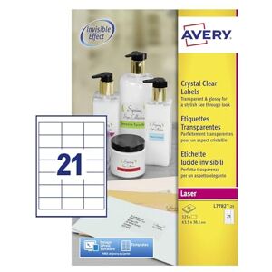 Avery Křišťálově čisté etikety pro laserové tiskárny dlouhá životnost 21 na archu 63,5 x 38,1 mm 525 kusů průhledné Avery Křišťálově čisté etikety pro laserové tiskárny dlouhá životnost 21 na archu 63,5 x 38,1 mm 525 kusů průhledné