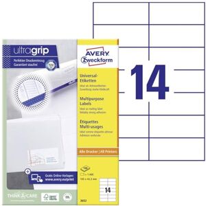 Avery 3653 Adresové nálepky (1.400 samolepicích štítků, 105 x 42,3 mm na A4, papír matné, individuálně potištěné etikety, samolepicí etikety s ultragrip) 100 listů, bílé Avery 3653 Adresové nálepky (1.400 samolepicích štítků, 105 x 42,3 mm na A4, papír matné, individuálně potištěné etikety, samolepicí etikety s ultragrip) 100 listů, bílé