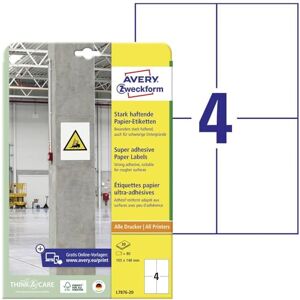 Avery L7876-20 silně přilnavé etikety (80 nálepek, 105 x 148 mm na A4, extrémně silně samolepicí, také pro obtížné povrchy, potištěné Power lepicí etikety) 20 listů, bílé Avery L7876-20 silně přilnavé etikety (80 nálepek, 105 x 148 mm na A4, extrémně silně samolepicí, také pro obtížné povrchy, potištěné Power lepicí etikety) 20 listů, bílé