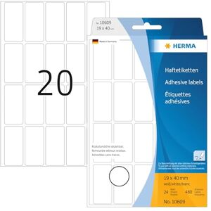 Herma 10609 víceúčelové etikety odstranitelné, 480 kusů, 19 x 40 mm, 20 na arch, samolepicí, štítky pro domácnost k popisování, matné, prázdné papírové lepicí etikety, bílé Herma 10609 víceúčelové etikety odstranitelné, 480 kusů, 19 x 40 mm, 20 na arch, samolepicí, štítky pro domácnost k popisování, matné, prázdné papírové lepicí etikety, bílé