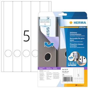 Herma 10175 na hřbety pořadačů odstranitelné dlouhé úzké, 25 listů, 38 x 297 mm, 5 na arch A4, 125 kusů, samolepicí, potisknutelné, neprůhledné, papírové štítky na pořadače štítky na zadní straně Herma 10175 na hřbety pořadačů odstranitelné dlouhé úzké, 25 listů, 38 x 297 mm, 5 na arch A4, 125 kusů, samolepicí, potisknutelné, neprůhledné, papírové štítky na pořadače štítky na zadní straně