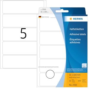 Herma 2550 víceúčelové etikety, 160 kusů, 31 x 100 mm, 5 na arch, samolepicí, štítky pro domácnost k popisování, matné, prázdné papírové lepicí etikety, bílé Herma 2550 víceúčelové etikety, 160 kusů, 31 x 100 mm, 5 na arch, samolepicí, štítky pro domácnost k popisování, matné, prázdné papírové lepicí etikety, bílé