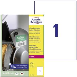 Avery L7917-40 odolné fóliové etikety (40 nálepek, 210 x 297 mm na A4, extrémně silné samolepicí, pro obtížné povrchy, potiskovatelná venkovní lepicí fólie) 40 listů, bílá Avery L7917-40 odolné fóliové etikety (40 nálepek, 210 x 297 mm na A4, extrémně silné samolepicí, pro obtížné povrchy, potiskovatelná venkovní lepicí fólie) 40 listů, bílá