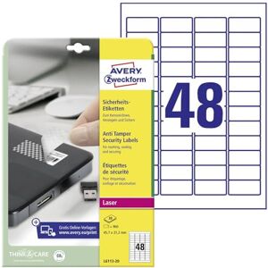Avery Bezpečnostní etikety L6113-20 (960 samolepek na fólii, 45,7 x 21,2 mm na A4, silně samolepicí, ochranná fólie proti falšování a manipulaci, potištěná lepicí fólie) 20 listů, bílá Avery Bezpečnostní etikety L6113-20 (960 samolepek na fólii, 45,7 x 21,2 mm na A4, silně samolepicí, ochranná fólie proti falšování a manipulaci, potištěná lepicí fólie) 20 listů, bílá