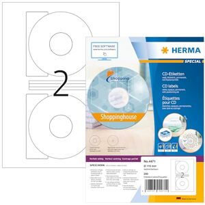 Herma 4471 CD DVD etikety vč. centrovací pomůcky neprůhledné, 100 listů, Ø 116 mm, 2 na arch A4, 200 kusů, samolepicí, lze potisknout, matné, prázdné papírové lepicí etikety nálepky, bílé Herma 4471 CD DVD etikety vč. centrovací pomůcky neprůhledné, 100 listů, Ø 116 mm, 2 na arch A4, 200 kusů, samolepicí, lze potisknout, matné, prázdné papírové lepicí etikety nálepky, bílé