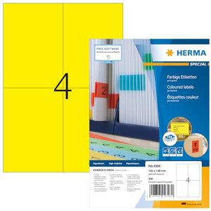 Herma 4396 barevné etikety žluté, 100 listů, 105 x 148 mm, 4 na arch A4, 400 kusů, samolepicí, potisknutelné, matné, prázdné papírové barevné etikety nálepky Herma 4396 barevné etikety žluté, 100 listů, 105 x 148 mm, 4 na arch A4, 400 kusů, samolepicí, potisknutelné, matné, prázdné papírové barevné etikety nálepky