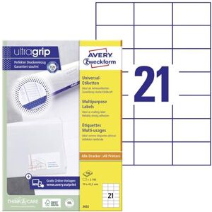 Avery 3652 nálepky na adresu (2 100 lepicích etiket, 70 x 42,3 mm na A4, papír matný, potiskovatelné etikety odesílatele, samolepicí adresní štítky s ultragrip) 100 listů, bílé Avery 3652 nálepky na adresu (2 100 lepicích etiket, 70 x 42,3 mm na A4, papír matný, potiskovatelné etikety odesílatele, samolepicí adresní štítky s ultragrip) 100 listů, bílé