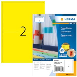 Herma 4565 barevné etikety žluté, 100 listů, 199,6 x 143,5 mm, 2 na arch A4, 200 kusů, samolepicí, potisknutelné, matné, prázdné papírové barevné štítky nálepky Herma 4565 barevné etikety žluté, 100 listů, 199,6 x 143,5 mm, 2 na arch A4, 200 kusů, samolepicí, potisknutelné, matné, prázdné papírové barevné štítky nálepky