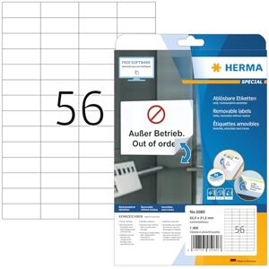 Herma 5080 Univerzální etikety odstranitelné, 25 listů, 52,5 x 21,2 mm, 56 na arch A4, 1400 kusů, samolepicí, potištěné, matné, prázdné papírové lepicí etikety nálepky, bílé Herma 5080 Univerzální etikety odstranitelné, 25 listů, 52,5 x 21,2 mm, 56 na arch A4, 1400 kusů, samolepicí, potištěné, matné, prázdné papírové lepicí etikety nálepky, bílé
