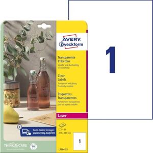 Avery Účel L7784-25 Průhledné štítky (25 lepicích štítků, 210x297mm na A4, samolepky pro tisk, samolepicí, odolné proti povětrnostním vlivům, štítků / štítků produktů) 25 listů, transparentní Avery Účel L7784-25 Průhledné štítky (25 lepicích štítků, 210x297mm na A4, samolepky pro tisk, samolepicí, odolné proti povětrnostním vlivům, štítků / štítků produktů) 25 listů, transparentní