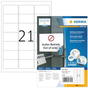 Herma 10301 univerzální etikety odstranitelné, 100 listů, 63,5 x 38,1 mm, 21 na arch A4, 2100 kusů, samolepicí, potisknutelné, matné, prázdné papírové lepicí etikety samolepky, bílé Herma 10301 univerzální etikety odstranitelné, 100 listů, 63,5 x 38,1 mm, 21 na arch A4, 2100 kusů, samolepicí, potisknutelné, matné, prázdné papírové lepicí etikety samolepky, bílé