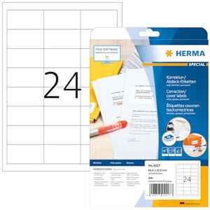 Herma 4227 korekční štítky neprůhledné, 25 listů, 64,6 × 33,8 mm, 24 na arch A4, 600 kusů, samolepicí, potištěné, matné, prázdné papírové krycí nálepky, bílé Herma 4227 korekční štítky neprůhledné, 25 listů, 64,6 × 33,8 mm, 24 na arch A4, 600 kusů, samolepicí, potištěné, matné, prázdné papírové krycí nálepky, bílé