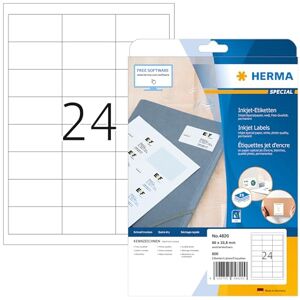 Herma 4820 univerzální etikety pro inkoustové tiskárny, 25 listů, 66 × 33,8 mm, 24 archů A4, 600 kusů, samolepicí, potištěné, matné, prázdné lepicí etikety pro inkoustové tiskárny, bílé Herma 4820 univerzální etikety pro inkoustové tiskárny, 25 listů, 66 × 33,8 mm, 24 archů A4, 600 kusů, samolepicí, potištěné, matné, prázdné lepicí etikety pro inkoustové tiskárny, bílé