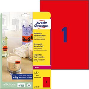 Avery Zweckform L6005-25 svítící neonově červené etikety (210 x 297 mm na DIN A4, odstranitelné, samolepicí, potištěné, barevné lepicí etikety pro nápadné označení) 25 nálepek na 25 listů Avery Zweckform L6005-25 svítící neonově červené etikety (210 x 297 mm na DIN A4, odstranitelné, samolepicí, potištěné, barevné lepicí etikety pro nápadné označení) 25 nálepek na 25 listů