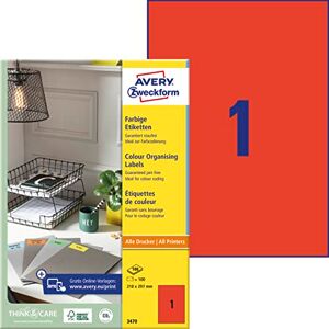 Avery 3470 Rote Etiketten (100 Aufkleber, 210x297mm auf A4, permanent haftend, selbstklebende Farbetiketten, Papier matt, bedruckbare, farbige Klebeetiketten) 100 Blatt Avery 3470 Rote Etiketten (100 Aufkleber, 210x297mm auf A4, permanent haftend, selbstklebende Farbetiketten, Papier matt, bedruckbare, farbige Klebeetiketten) 100 Blatt