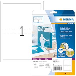 Herma 5037 CD DVD Einleger für Jewel Case Hüllen perforiert, 25 Blatt, 273 x 183 mm, 1 pro A4 Bogen, 25 Stück, bedruckbar, matt, blanko Papier-Cover Inlays, weiß Herma 5037 CD DVD Einleger für Jewel Case Hüllen perforiert, 25 Blatt, 273 x 183 mm, 1 pro A4 Bogen, 25 Stück, bedruckbar, matt, blanko Papier-Cover Inlays, weiß