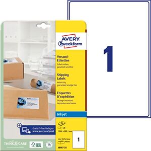 Avery J8167-25 Dopravní etikety/expediční nálepky (25 etiket, 199,6 x 289,1 mm na A4, lze potisknout, samolepicí, pro inkoustové tiskárny, pro balíky a balíky) 25 listů, bílá Avery J8167-25 Dopravní etikety/expediční nálepky (25 etiket, 199,6 x 289,1 mm na A4, lze potisknout, samolepicí, pro inkoustové tiskárny, pro balíky a balíky) 25 listů, bílá