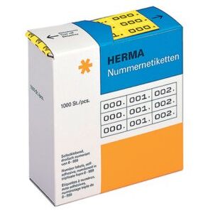 Herma 4801 Číselné štítky číslice 0-999, trojnásobné, 3000 kusů, 22 x 10 mm, samolepicí, matné, 3krát průběžné papírové číselné štítky, čísla příloh v zásobníku, žluté Herma 4801 Číselné štítky číslice 0-999, trojnásobné, 3000 kusů, 22 x 10 mm, samolepicí, matné, 3krát průběžné papírové číselné štítky, čísla příloh v zásobníku, žluté