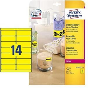 Avery Účelová forma L7263Y-25 svítící neonové žluté etikety (350 nálepek, 99,1 x 38,1 mm na A4, samolepicí, lze potisknout, znovu odstranitelné, barevné lepicí etikety pro nápadné označení) 25 listů Avery Účelová forma L7263Y-25 svítící neonové žluté etikety (350 nálepek, 99,1 x 38,1 mm na A4, samolepicí, lze potisknout, znovu odstranitelné, barevné lepicí etikety pro nápadné označení) 25 listů