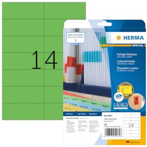 Herma 5061 barevné etikety zeleně odstranitelné, 20 listů, 105 x 42,3 mm, 14 na arch A4, 280 kusů, samolepicí, potištěné, matné, prázdné papírové barevné štítky Herma 5061 barevné etikety zeleně odstranitelné, 20 listů, 105 x 42,3 mm, 14 na arch A4, 280 kusů, samolepicí, potištěné, matné, prázdné papírové barevné štítky