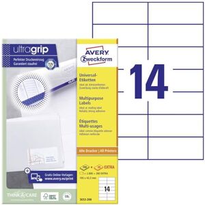 Avery 3653-200 Adressaufkleber (2.800 plus 280 Klebeetiketten extra, 105x42,3mm auf A4, bedruckbare Absenderetiketten, selbstklebende Adressetiketten mit ultragrip) 220 Blatt, weiß Avery 3653-200 Adressaufkleber (2.800 plus 280 Klebeetiketten extra, 105x42,3mm auf A4, bedruckbare Absenderetiketten, selbstklebende Adressetiketten mit ultragrip) 220 Blatt, weiß