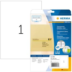 Herma 4585 Fóliové etikety odolné vůči povětrnostním vlivům transparentní, 10 listů, 210 x 297 mm, 1 na arch A4, 10 kusů, samolepicí, lze potisknout, matné, prázdné lepicí etikety z fólie, průhledné Herma 4585 Fóliové etikety odolné vůči povětrnostním vlivům transparentní, 10 listů, 210 x 297 mm, 1 na arch A4, 10 kusů, samolepicí, lze potisknout, matné, prázdné lepicí etikety z fólie, průhledné