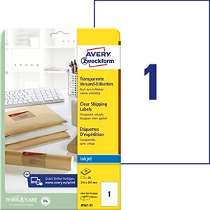 Avery J8567-25 přepravní štítky/zásilkové nálepky (25 etiket, 210 x 297 mm na A4, lze potisknout, samolepicí, pro inkoustové tiskárny, pro balíčky a balíčky) 25 listů, transparentní Avery J8567-25 přepravní štítky/zásilkové nálepky (25 etiket, 210 x 297 mm na A4, lze potisknout, samolepicí, pro inkoustové tiskárny, pro balíčky a balíčky) 25 listů, transparentní