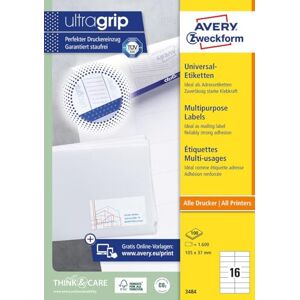 Avery 3484 nálepky na adresu (1 600 lepicích etiket, 105 x 37 mm na A4, papír matný, individuálně potiskovatelné etikety odesílatele, samolepicí adresní štítky s ultragrip) 100 listů, bílá Avery 3484 nálepky na adresu (1 600 lepicích etiket, 105 x 37 mm na A4, papír matný, individuálně potiskovatelné etikety odesílatele, samolepicí adresní štítky s ultragrip) 100 listů, bílá