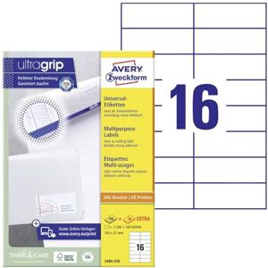 Avery 3484-200 Adressaufkleber (3.200 plus 320 Klebeetiketten extra, 105x37mm auf A4, bedruckbare Absenderetiketten, selbstklebende Adressetiketten mit ultragrip) 220 Blatt, weiß Avery 3484-200 Adressaufkleber (3.200 plus 320 Klebeetiketten extra, 105x37mm auf A4, bedruckbare Absenderetiketten, selbstklebende Adressetiketten mit ultragrip) 220 Blatt, weiß