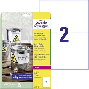 Avery L4717-20 fólie odolné proti povětrnostním vlivům (210 x 148 mm na DIN A4, extrémně silně samolepicí, voděodolné, potištěné venkovní lepicí fólie) 40 nálepek na 20 listech bílé Avery L4717-20 fólie odolné proti povětrnostním vlivům (210 x 148 mm na DIN A4, extrémně silně samolepicí, voděodolné, potištěné venkovní lepicí fólie) 40 nálepek na 20 listech bílé