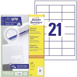 Avery 3670 Adressaufkleber (2.100 Klebeetiketten, 64x36mm auf A4, Papier matt, individuell bedruckbare Absenderetiketten, selbstklebende Adressetiketten mit ultragrip) 100 Blatt, weiß Avery 3670 Adressaufkleber (2.100 Klebeetiketten, 64x36mm auf A4, Papier matt, individuell bedruckbare Absenderetiketten, selbstklebende Adressetiketten mit ultragrip) 100 Blatt, weiß