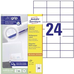 Avery 3474 nálepky na adresu (2 400 lepicích etiket, 70 x 37 mm na A4, papír matný, potiskovatelné etikety odesílatele, samolepicí adresní štítky s ultragrip) 100 listů, bílé Avery 3474 nálepky na adresu (2 400 lepicích etiket, 70 x 37 mm na A4, papír matný, potiskovatelné etikety odesílatele, samolepicí adresní štítky s ultragrip) 100 listů, bílé