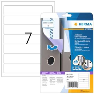 Herma 10155 na hřbety pořadačů odstranitelné krátké, úzké, 25 listů, 192 x 38 mm, 7 na arch A4, 175 kusů, samolepicí, potisknutelné, neprůhledné, papírové štítky na pořadače štítky na zadní straně Herma 10155 na hřbety pořadačů odstranitelné krátké, úzké, 25 listů, 192 x 38 mm, 7 na arch A4, 175 kusů, samolepicí, potisknutelné, neprůhledné, papírové štítky na pořadače štítky na zadní straně