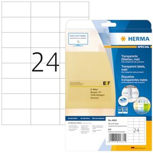 Herma 4685 Fóliové etikety odolné vůči povětrnostním vlivům, transparentní, 25 listů, 70 x 37 mm, 24 archů A4, 600 kusů, samolepicí, lze potisknout, matné, prázdné lepicí etikety z fólie, průhledné Herma 4685 Fóliové etikety odolné vůči povětrnostním vlivům, transparentní, 25 listů, 70 x 37 mm, 24 archů A4, 600 kusů, samolepicí, lze potisknout, matné, prázdné lepicí etikety z fólie, průhledné