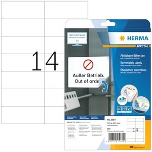 Herma 5081 univerzální etikety odstranitelné, 25 listů, 105 x 42,3 mm, 14 na arch A4, 350 kusů, samolepicí, potisknutelné, matné, prázdné papírové lepicí etikety samolepky, bílé Herma 5081 univerzální etikety odstranitelné, 25 listů, 105 x 42,3 mm, 14 na arch A4, 350 kusů, samolepicí, potisknutelné, matné, prázdné papírové lepicí etikety samolepky, bílé