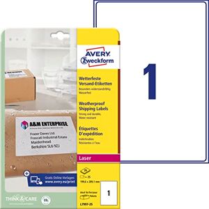 Avery L7997-25 přepravní etikety odolné proti povětrnostním vlivům / přepravní nálepky (25 etiket, 199,6 x 289,1 mm na DIN A4, možnost potisku, samolepicí, pro balíky, balíky a přepravní role) 25 listů, bílá Avery L7997-25 přepravní etikety odolné proti povětrnostním vlivům / přepravní nálepky (25 etiket, 199,6 x 289,1 mm na DIN A4, možnost potisku, samolepicí, pro balíky, balíky a přepravní role) 25 listů, bílá