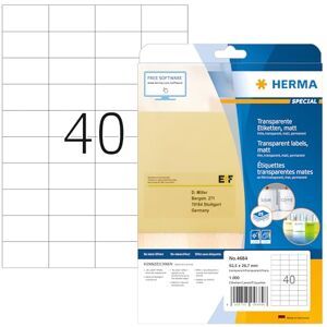 Herma 4684 fóliové etikety odolné proti povětrnostním vlivům, transparentní, 25 listů, 52,5 x 29,7 mm, 40 na arch A4, 1000 kusů, samolepicí, potisknutelné, matné, prázdné samolepicí etikety, nálepky z Herma 4684 fóliové etikety odolné proti povětrnostním vlivům, transparentní, 25 listů, 52,5 x 29,7 mm, 40 na arch A4, 1000 kusů, samolepicí, potisknutelné, matné, prázdné samolepicí etikety, nálepky z