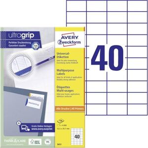 Avery Univerzální etikety 3651 (4 000 lepicích etiket, 52,5 x 29,7 mm na A4, papír matný, individuálně potisknutelný, samolepicí nálepka s ultragrip) 100 listů, bílá Avery Univerzální etikety 3651 (4 000 lepicích etiket, 52,5 x 29,7 mm na A4, papír matný, individuálně potisknutelný, samolepicí nálepka s ultragrip) 100 listů, bílá