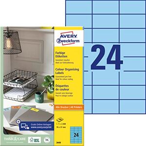 Avery 3449 modrých etiket (2 400 nálepek, 70 x 37 mm na A4, permanentně držící, samolepicí barevné etikety, papír matný, potisknutelné, barevné lepicí etikety) 100 listů Avery 3449 modrých etiket (2 400 nálepek, 70 x 37 mm na A4, permanentně držící, samolepicí barevné etikety, papír matný, potisknutelné, barevné lepicí etikety) 100 listů
