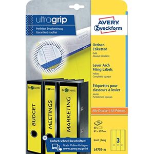 Avery L4755-20 Etikety na hřbety pořadačů (60 štítků s ultragripem, 61 x 297 mm na A4, široké/dlouhé, samolepicí, absolutně neprůhledné, potiskovatelné štítky na pořadače) 20 listů, žluté Avery L4755-20 Etikety na hřbety pořadačů (60 štítků s ultragripem, 61 x 297 mm na A4, široké/dlouhé, samolepicí, absolutně neprůhledné, potiskovatelné štítky na pořadače) 20 listů, žluté